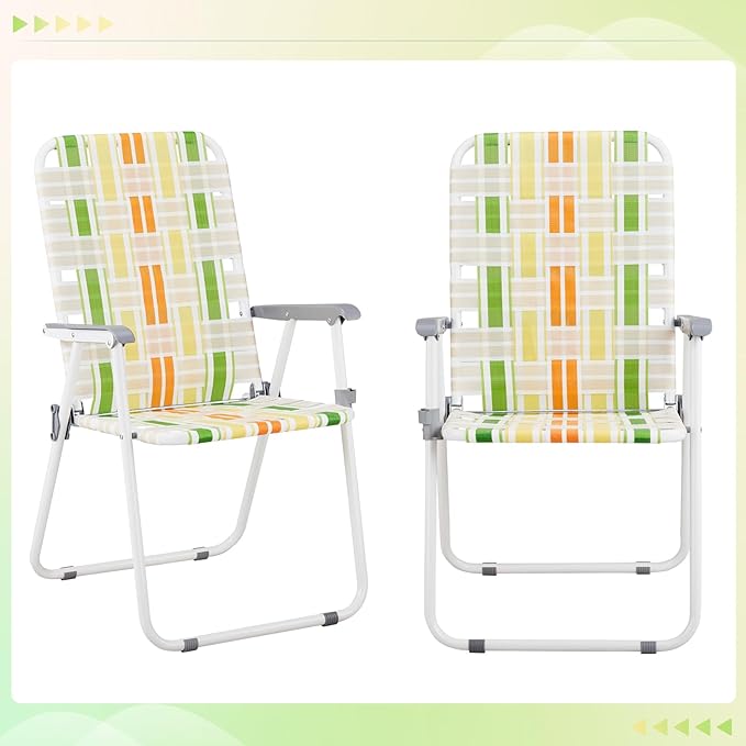 2 Pack Outdoor Beach Portable Lawn ChairLightweight Folding Chair for AdultsFolding Beach ChairPortable Backpack Foldable Camping Chairwith Armrestsfor Patio Pool Yard Garden (Yellow &amp Green)