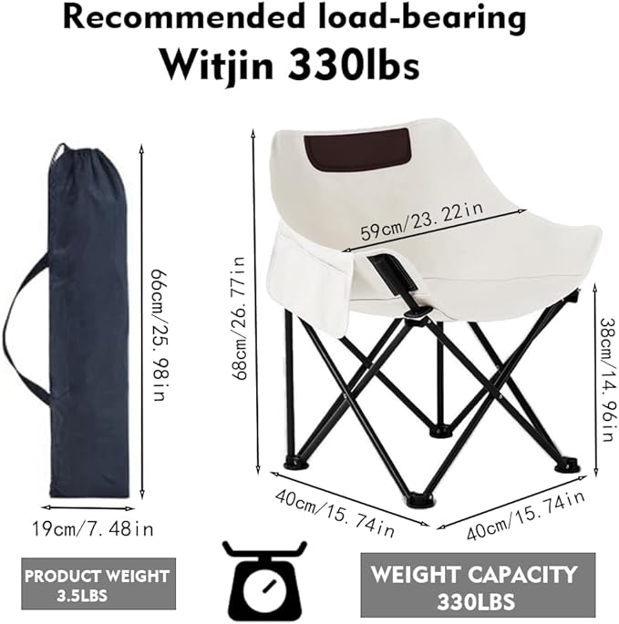 Folding Chairs Heavy Duty Support 330 lbs Moon Chair with Carry Bag Outdoor Quad Lumbar Back Padded with Side Pockets Built Durable and Reliable with Compact Foldable Steel Frame