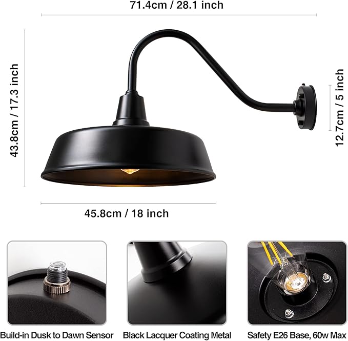 18 inch Barn Lights Outdoor Gooseneck Lighting Dusk to Dawn Black Exterior Barn Lights Farmhouse Wall Lighting Fixtures with Sensor for Porch Garage (2 18 Diameter)