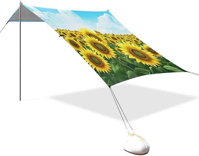 ALAZA Sunflower Field Sky Beach Tent Sun Shelter UPF50+ Protection Beach Shade Canopy w/ 4 Sandbags for Outdoor Camping Fishing Backyard Fun Picnic 10x9 ft