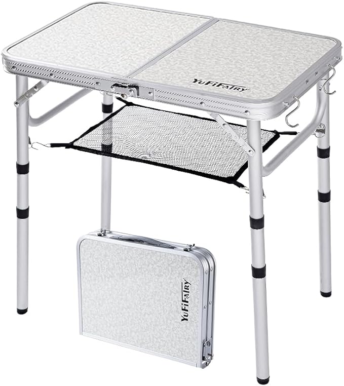 Small Folding Camping Table 2ft Portable Table with 3 Adjustable Heights Aluminum Lightweight Foldable Picnic Table with Mesh Layer and Extension Legs for RV BBQ and Indoor (Silver)