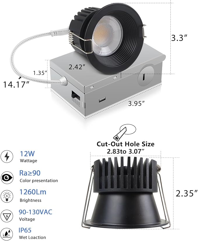 Adetu 3 Inch 5CCT Black Anti-Glare LED Downlight with Junction Box 2700K/3000K/4000K/5000K Selectable CRI90+ 12W COB 1160LM IP65 Waterproof Dimmable-ETL and Energy Star Certified (Black6 Pack)
