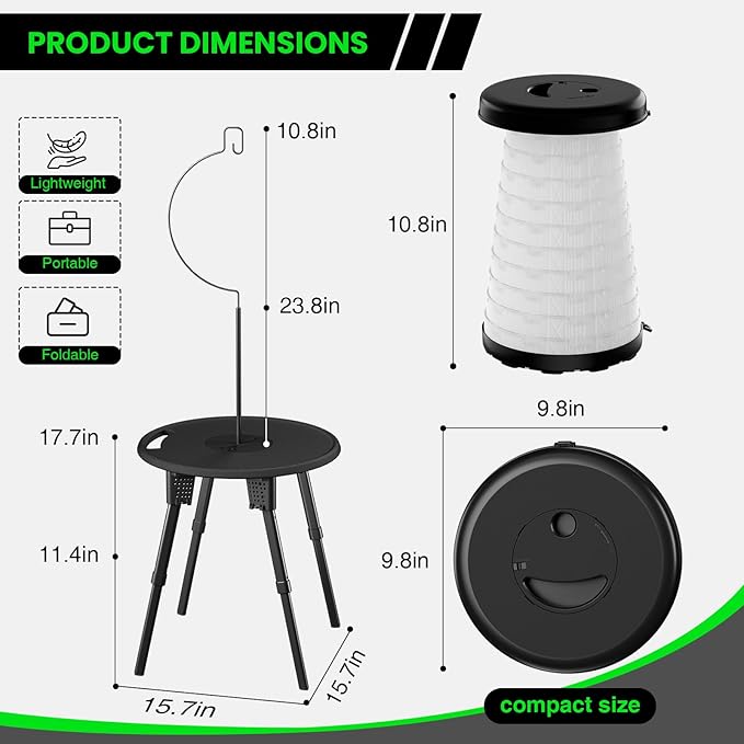 LED Camping Table Set with Stools 300lbs Capacity Adjustable Height Folding Table &amp Chairs All-in-One Compact Design for Outdoor Camping Picnic Tailgating