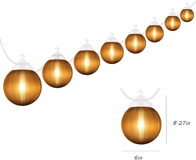 30.5FT Outdoor Patio Globe String Lights - Bronze RV Globe Awning Lights - 8pcs 6in Diameter Acrylic Polymer Sunser Awning Lights with 6W A19 Filament LED Glass Bulbs(2700K Warm White)
