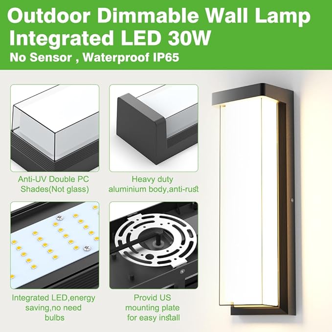Sytmhoe Modern 2Pack Outdoor Wall Light Fixture16in 10%-100% Dimming LED Porch&ampPatio Wall Light Fixture3000K Black Exterior Sconce Light Mounted for House Garage Porch Courtyard(2Packs)