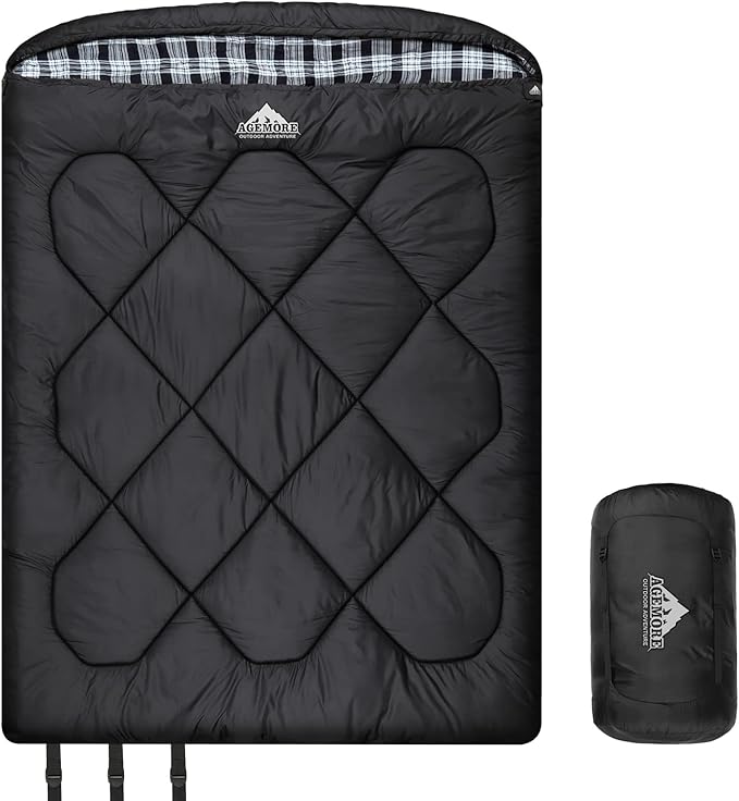 AGEMORE 0 Degree Double Sleeping Bag for Adults Cotton Flannel Lined 2 Person Queen Size Warm Sleeping Bag for Family Winter Camping or RV Traveling