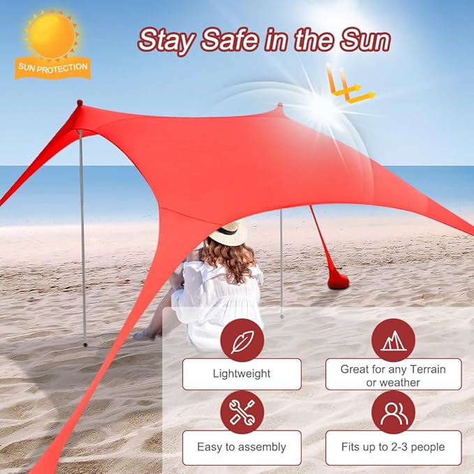 Beach Tent Sun Shelter 6.56 x 5.25ft UPF Sunshade with Sandbags &amp Aluminum Poles Portable Pop-Up Tent for Camping Picnics Fishing Fits 2-3 People (Red Includes Carry Bag &amp Shovel)