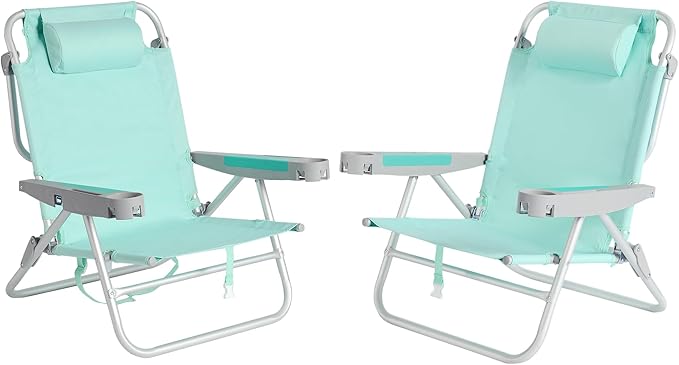 SUNNYFEEL Extra Wide Low Beach Chair 2 Pack 5 Position Lay XL Oversized Portable Folding Camping Chairs with Cup Holder for Outdoor/Sand Foldable Backpack Beach Chair for Adults Heavy Duty 500 LBS