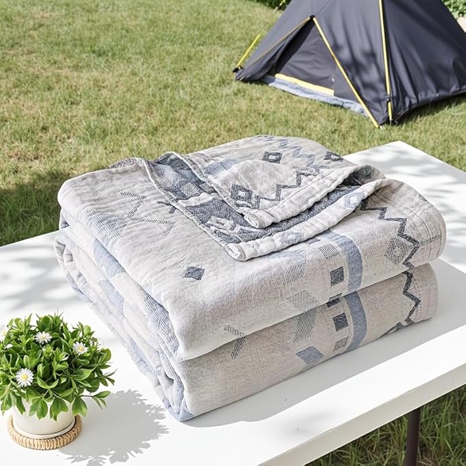 ITFRO Boho Cooling 3 Layer Cotton Muslin Blanket for Hot Sleepers Twin Size 60x80 Inches Lightweight Breathable Reversible Summer Camping Blanket All Seasons for Couch Sofa Bed (Boho Blue 60x80)
