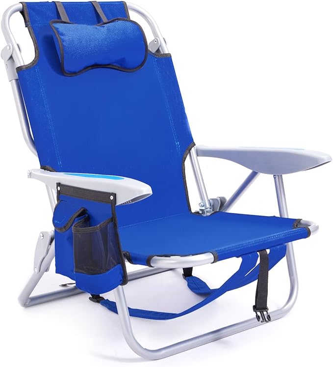 Portable Beach Chair for Adults Outdoor Camping Chair Lay Flat Folding Backpack Beach Reclining Chair with 5 Positions Headrest Zipper Pouch Cup Holder Blue