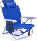 Portable Beach Chair for Adults Outdoor Camping Chair Lay Flat Folding Backpack Beach Reclining Chair with 5 Positions Headrest Zipper Pouch Cup Holder Blue