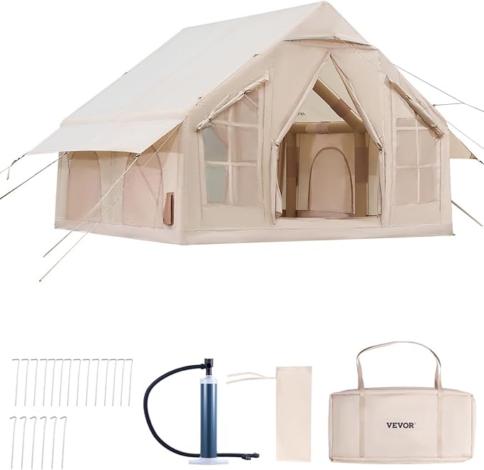 VEVOR Inflatable Tents for Camping Easy Setup Blow up Tent with Hand Pump 4 Season Glamping Tent with Stove Jack Doors &amp Mesh Windows Storage Bag Included for Easy Taking