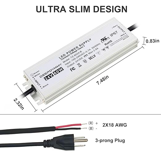 24V DC Power Supply 60W - Ultra Slim LED Driver Low Voltage Transformer with 3-Prong Plug &amp 3.3ft Cable IP67 Waterproof for LED Strip Lights Outdoor Lighting