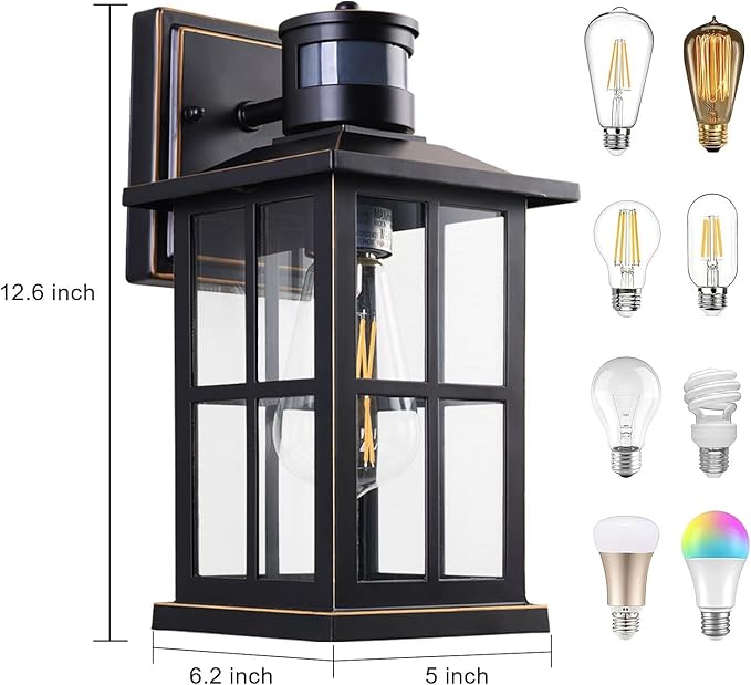 Outdoor Motion Sensor Light Black Exterior Wall Lighting FixturesDusk to Dawn Motion Sensor Outdoor Lights Waterproof Front Porch Light Lantern for Garage Patio. (Black 1 Pack)