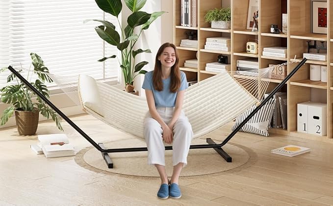 Double Hammock with Stand for Outdoor Heavy Duty Portable Hammock with Adjustable Steel Stand for Patio Garden Beach Backyard Off White