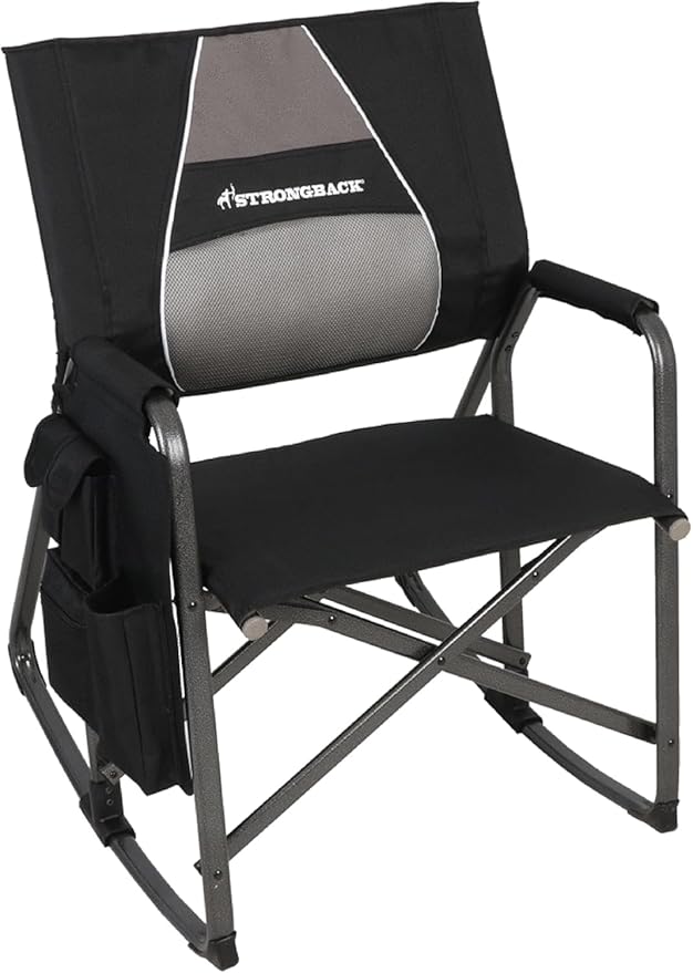 STRONGBACK Outdoor Chair Director Portable Camping Chair with Lumbar Support - Cupholder &ampPocket Included - Heavy-Duty Foldable Chair - Rocker/Black