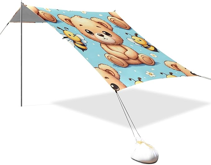 Cute Teddy Bear Sit with Bee on Blue Background Camping Sun Shelter Beach Tent Portable Beach Sun Shade Outdoor Canopy for Camping Trips Fishing Picnic