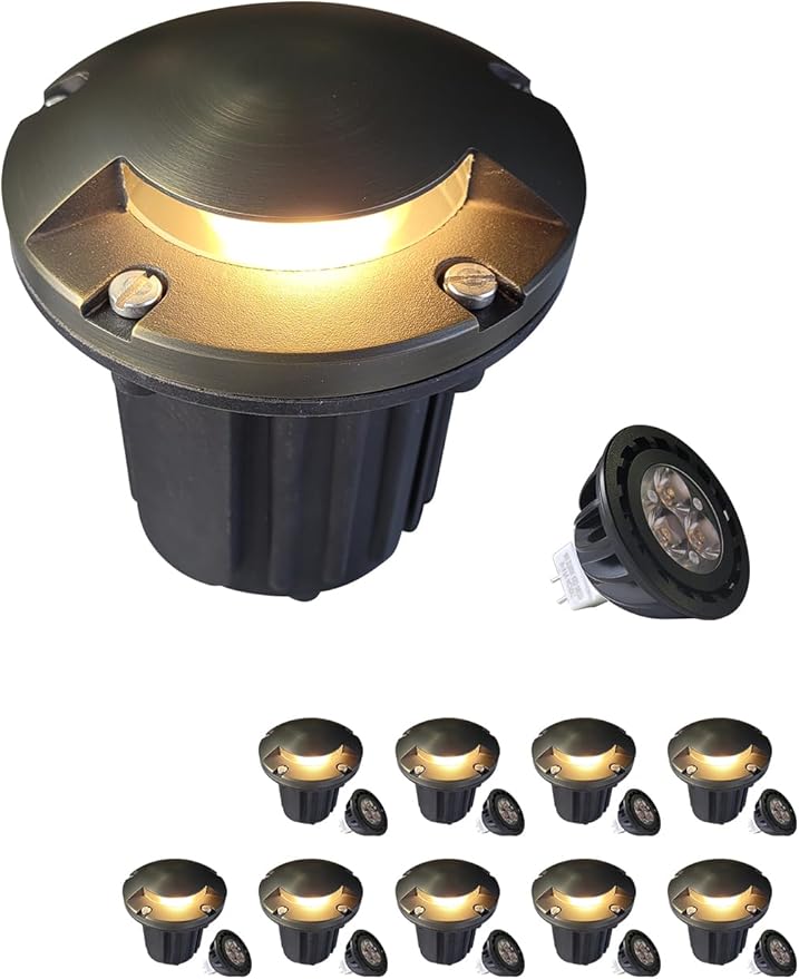 MALORY Brass Top Cover Landscape Well Lights(5‘’H) 12V Low Voltage Outdoor In Ground Lights5W Landscape Lighting for Pathway Driveway and Garden (One-Direction Turret 10-Pack with Bulb)