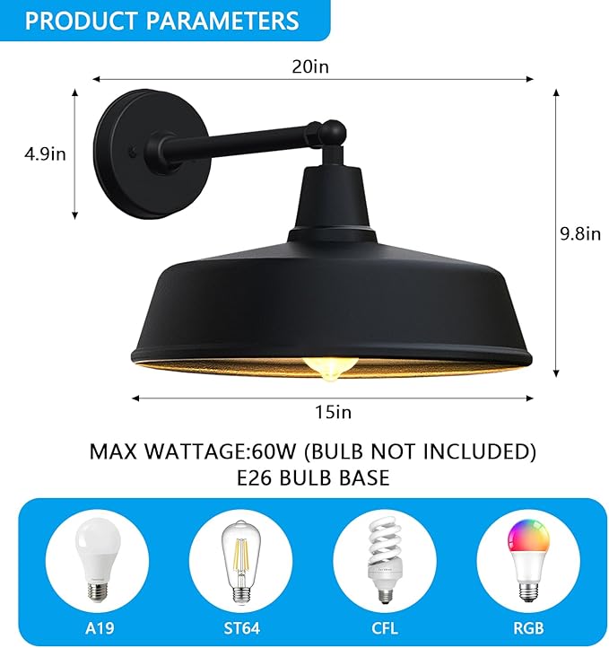 JOESA Large 15 inch Outdoor gooseneck barn Light Classic Farmhouse Rural Wall Mounted Straight arm gooseneck Light Fixture Suitable for External Lighting fixtures in Houses porches and garages