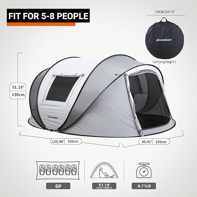 EchoSmile Instant Pop Up Camping Tent 2/4/6 Person Easy Setup Tent Water Resistant Dome Portable with Carry Bag
