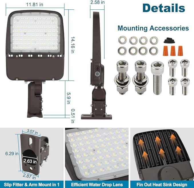 240W LED Parking Lot Light with Photocell Commercial Outdoor Pole Lights with Slip Fitter &amp Arm Mount in 1 36000LM 5000K 100-277V IP65 Dimmable 240W/200W/150W Power Selectable ETL