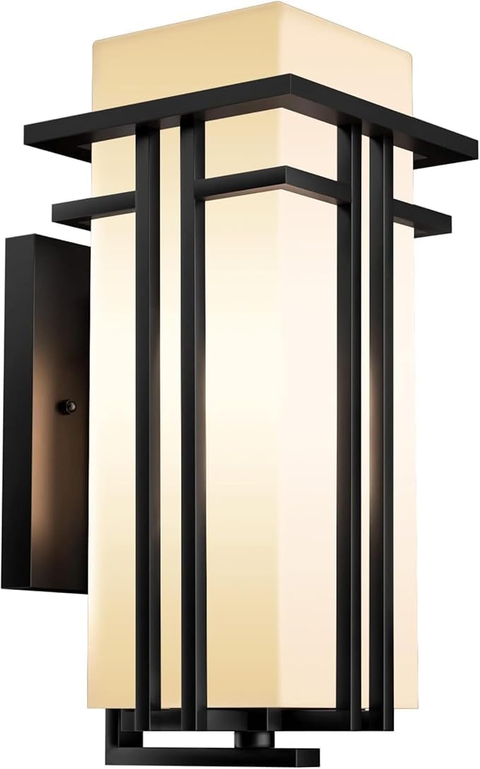 Outdoor Wall Light Fixtures Exterior Waterproof Lanterns Porch Sconces Wall Mounted Lighting with Modern Frosted Glass Black Aluminum Wall Lamps for Patio Front Door Entryway (TYPE_A 15.4inch)