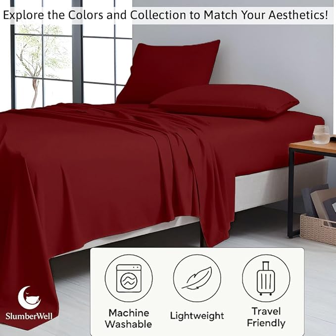 SlumberWell 4 Piece Luxury Soft Microfiber Fitted Bed Sheet Set for Campers RV 8 to 12 Inch Deep Pocket Olympic Queen 66 x 80 Burgundy