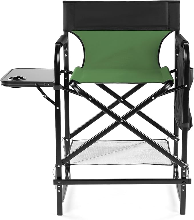 Tall Camping Directors Chair 26 Portable Folding Artist Makeup Chair with Side Table Pocket Footrest Concert Outdoor Foldable Camp Lawn Chairs (Olive-a)