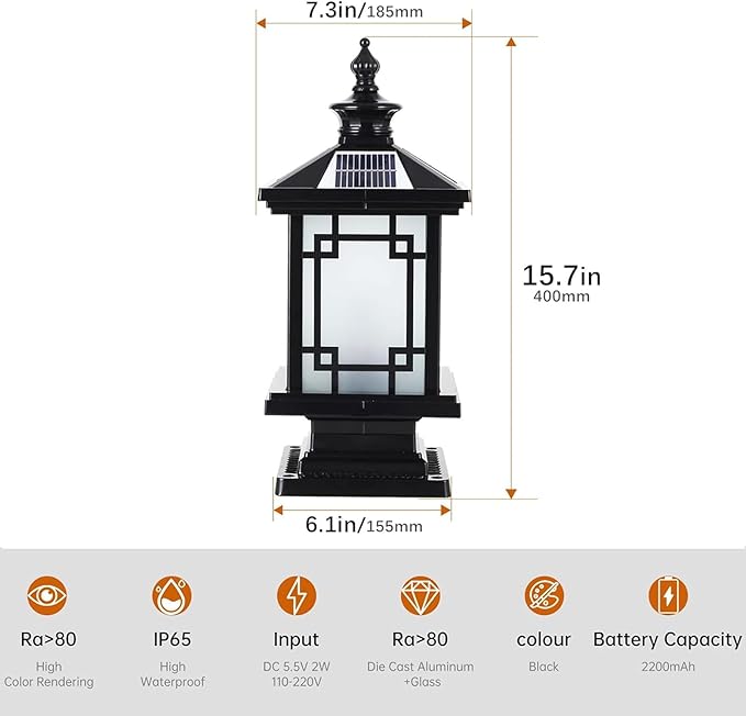 LED Solar Post Light Outdoor Aluminum Fence Post Cap Lamp Remote Control Dimmable Pillar Lights Solar IP65 Waterproof Column Light 15.7 X 7.3 Pillar Pedestal Lantern for Garden Yard