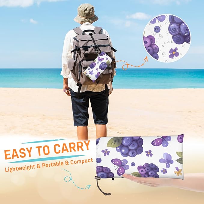 Waterproof Sandproof Beach Blanket 59''×68'' Fruit Blueberries Polyester Outdoor Picnic Blanket with 4 Stakes &amp Storage Bag for BeachCampingVacation White
