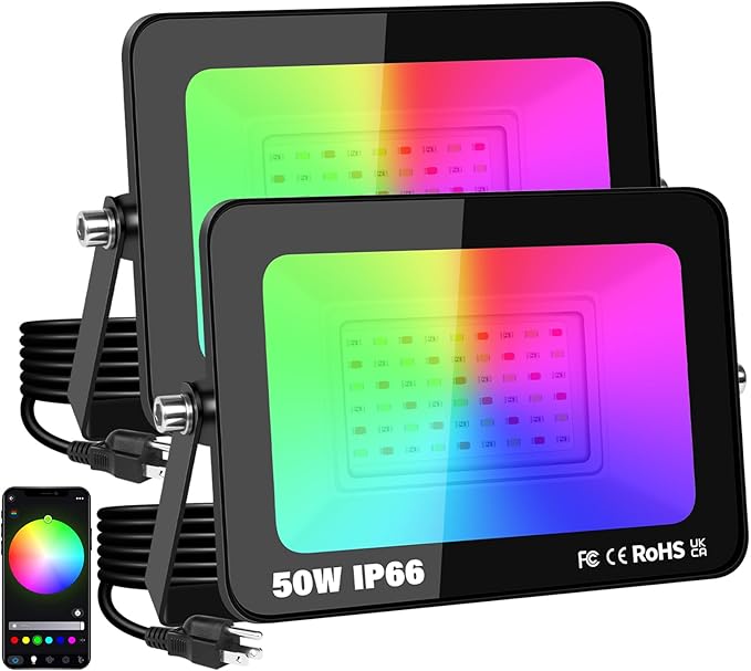 RIGIDON 2 Pack 50W LED Flood Light Outdoor with Plug Smart RGB DIY Scenes Color Changing Landscape Lighting with APP Control IP66 Waterproof Flood Lights for Garden Yards Stage House