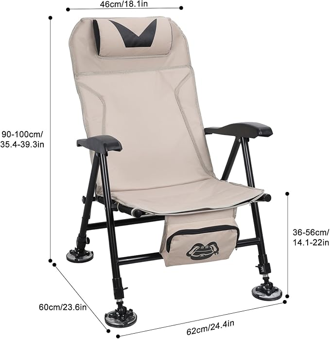 Folding Camping Chair Outdoor Fishing Chair for Adults Outdoor Folding Chair with Storage Bag Backpack Beach Chair with Oxford Cloth Adjustable Oversized Lawn Chair Khaki