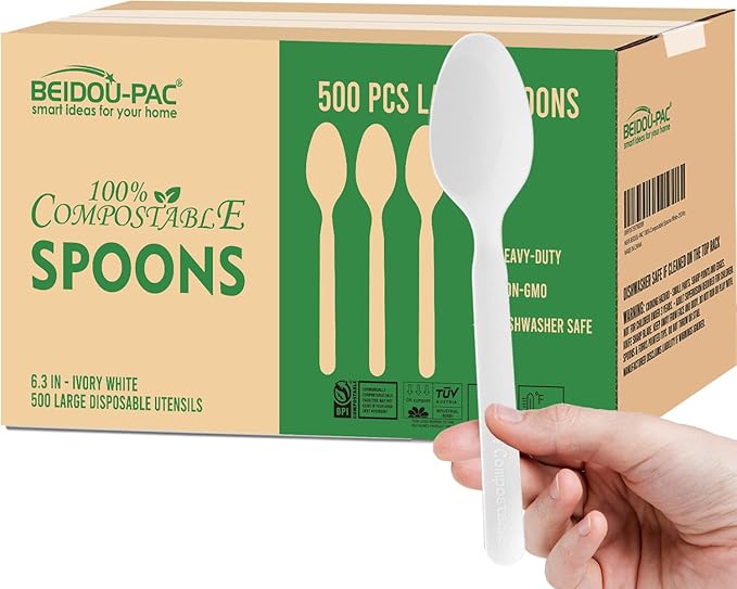 500 Count Compostable Disposable Non Plastic Spoons Large Heavy Duty Biodegradable Utensils Eco Friendly Durable Sturdy Recyclable Spoons Flatware Silverware for Party Wedding Daily Use