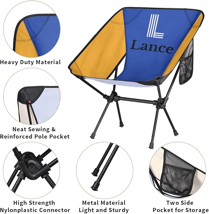 Custom Camping Chair with Name Customize Folding Outdoor Chairs Personalized Compact Backpacking Chair with Side Pockets for Patio RV Travel Festival