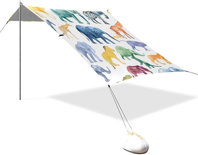 African Animals Silhouettes Seamless Pattern Camping Sun Shelter Beach Tent Portable Beach Sun Shade Outdoor Canopy for Camping Trips Fishing Picnic