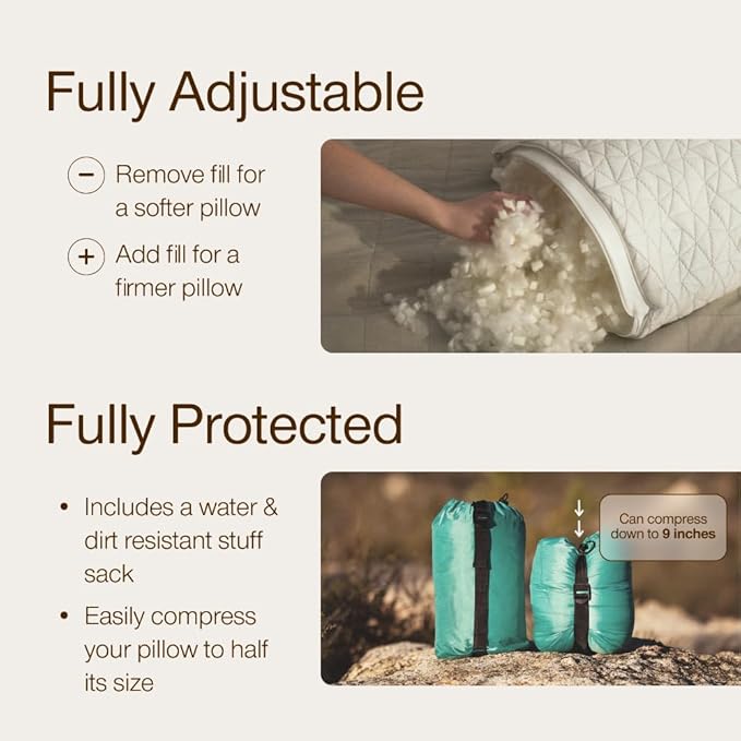 Coop Home Goods Original Travel and Camping Adjustable Pillow Small Camping Pillow with Compressible Stuff Sack Medium-Firm Memory Foam with Lulltra Washable Cover CertiPUR-US Certified (19x13)