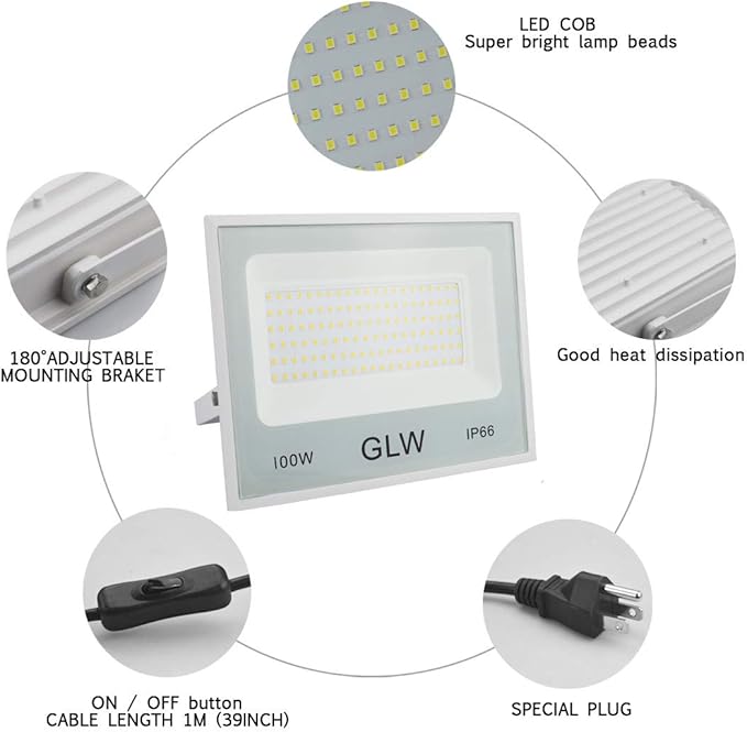 2 Pack 100W LED Flood Lights Outdoor10000LM Super Bright Work Light6000k Daylight White Floodlights with PlugIP66 Waterproof Exterior Security Lights for PlaygroundGarageYardBackyard