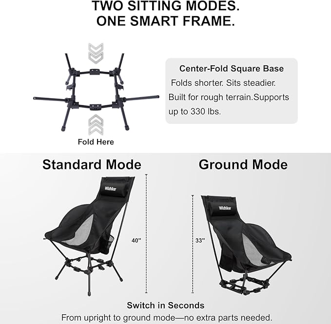 Wildhiker Compact High Back Camping Chair - Foldable with Dual Sitting Modes Pillow Arm Pads and Side Pockets - Lightweight Portable Chair for Motorcycle RV Festival Travel - Black