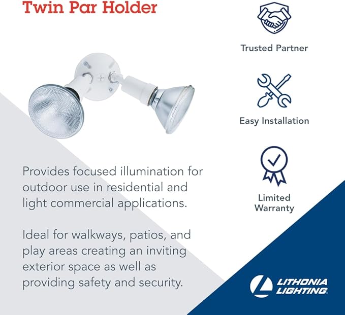 Lithonia Lighting Outdoor Flood Light Fixture Adjustable Twin Par Flood Light Holder for Safety and Security 120 Volts Uses 2 Lamps Up to 150W (Not Included) White (OFTH 300PR 120 WH M12)