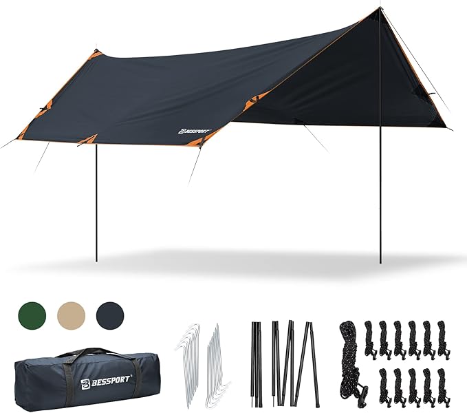Bessport Camping Tarp 16×9.8FT with 2 Poles Lightweight Car Awning Sunshade Portable Multifunctional Backpacking PU 3000mm Waterproof Rain Fly Hammock Tarp for OutdoorTraveling Hilking
