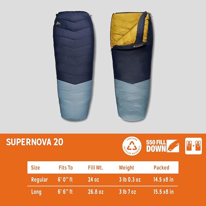 Kelty Supernova Down Sleeping Bag Compact + Lightweight Roomy Shape for All Body Types and Sleep Positions Recycled Shell Fabrics