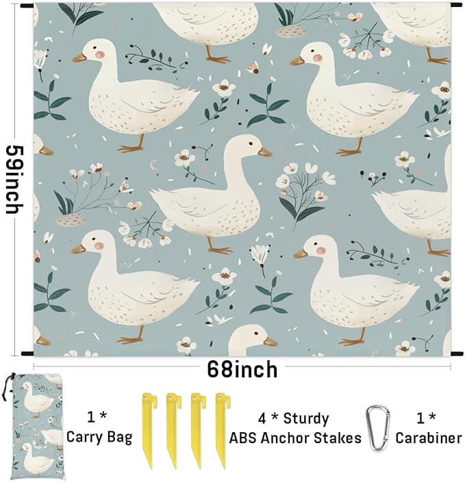 Waterproof Sandproof Beach Blanket 59''×68'' Ducks Polyester Outdoor Picnic Blanket with 4 Stakes &amp Storage Bag for BeachCampingVacation Light Gray