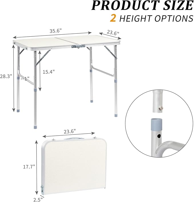 3FT Folding Camping Table with Adjustable Height Legs Indoor Outdoor Lightweight Portable Aluminum Dining Pinic Table (White)