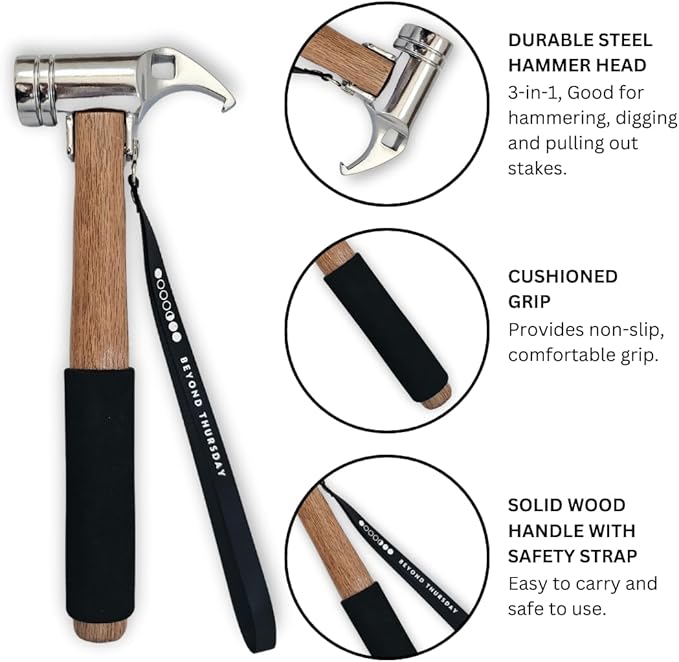 Camping Hammer for Tent Camping- High-Quality Steel &amp Solid Wood Handle with Cushion Grip - Tent Stake Hammer and Puller with Safety Strap Heavy Duty Camping Mallet for Tent Stakes (Cast Steel)