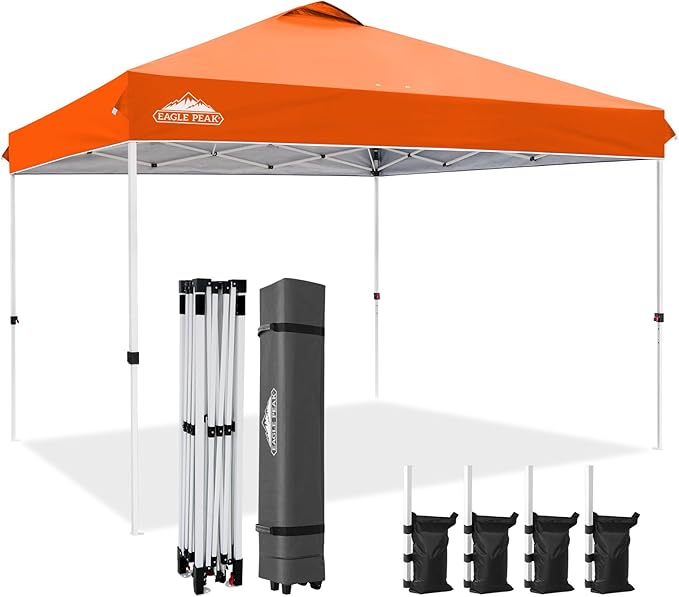 EAGLE PEAK Pop Up Canopy Tent with Wheeled Carry Bag 8 Stakes 4 Ropes 4 Weight Bags Easy Set Up Tent Canopy 12x12 ft 144sqft of Shade Orange