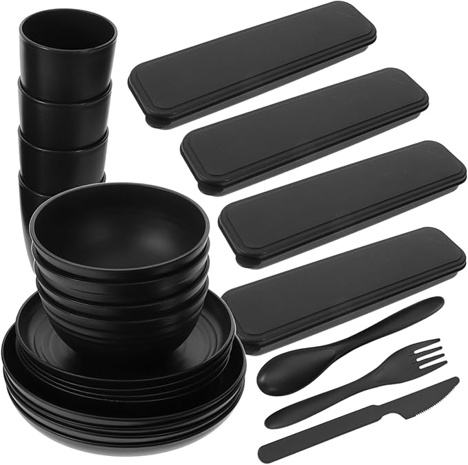 Alipis 28-Piece Black Dinnerware Set Portable Camping Cutlery with Bowls Plates Cups and Utensils Travel Tableware for Picnics and Outdoor Use
