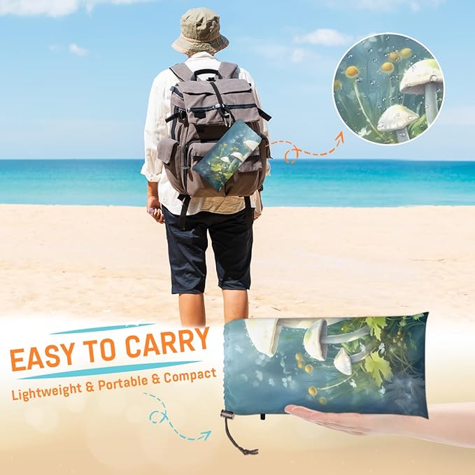 Waterproof Sandproof Beach Blanket 59''×68'' Mushrooms Polyester Outdoor Picnic Blanket with 4 Stakes &amp Storage Bag for BeachCampingVacation Sea Blue