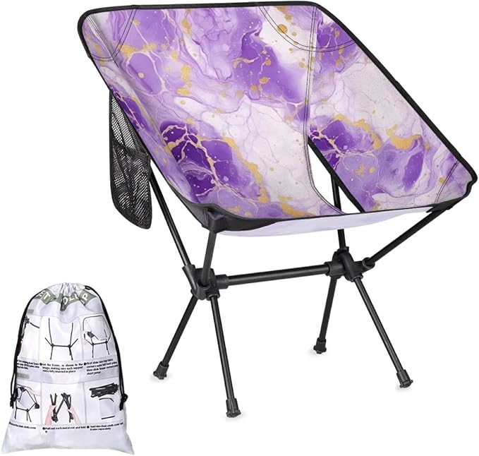 Pardick Portable Camping Chair Purple Gold Marble Ultralight Folding Camping Chair Fantastic Marble Backpacking Hiking Chair with Cup Holder for Outdoor Travel Beach Picnic Festival 176 lbs Capacity