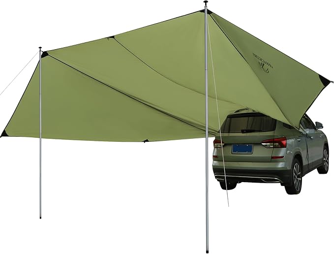 REDACMP 19ft x17ft Large Car Awning Tarp with 2 Poles &amp 2 Suction Cup Hooks Waterproof Camping Tarp Hammock Rain Fly with UV Protection Sun Shelter for SUVVanOverland CampingTailgate CanopyGr