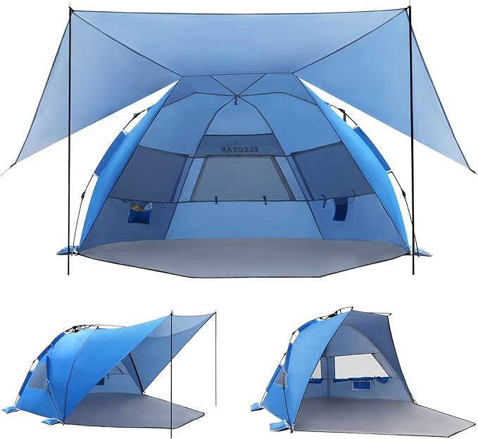 Elegear CumbreX™ Beach Tent with 360° Removable Canopy 4-6 Person Pop Up Sun Shade Shelter UPF 50+ Automated Installation Double Silver Coating Portable Lightweight Beach Cabana for Beach/Outdoor